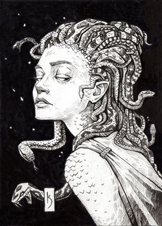 a black and white drawing of a woman with snakes on her head