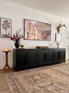 a living room with a large rug and pictures hanging on the wall above it's entertainment center