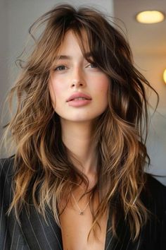 Bride Hairstyles For Long Hair, Bangs Wavy Hair, Hairstyles Drawing, Rambut Brunette, Shaggy Long Hair, Long Shag Haircut, Layered Hair With Bangs, Cozy Aesthetic, Long Hair With Bangs