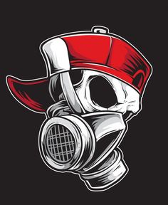 a skull wearing a gas mask with a red hat