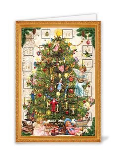 a christmas tree with presents on it in front of a white wall and gold frame