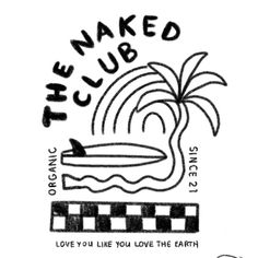 the naked club logo with an image of a surfboard and palm tree