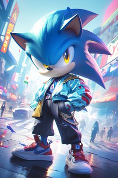 sonic the hedgehog stands on a city street