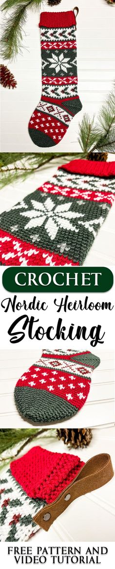 A Free Crochet Pattern for a Christmas Stocking. The Nordic Heirloom Stocking is full of traditional fair isle colorwork and will produce a generous sized stocking. Stocking Pattern Free, Fair Isle Crochet, Crochet Stocking, Crochet Christmas Stocking, Crochet Xmas, Christmas Stocking Pattern