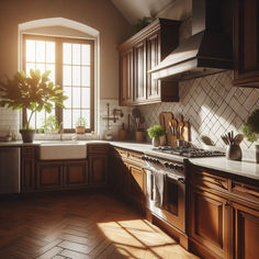 a kitchen with wooden cabinets and tile flooring, potted plant on the stove