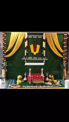 White and Yellow Backdrop Set!!! For details WhatsApp 8466993323 or send direct message. #kairagiftworld #backdropdecoration #garlands #eventdecor Nalugu Backdrop, Yellow Backdrop Decorations, Pooja Decoration Backdrop, Puja Backdrop Decor, Vratham Decoration, Arangetram Decor