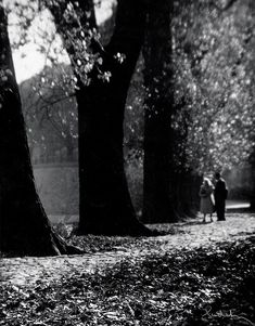 two people walking down a leaf covered path in the park, one holding an umbrella