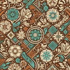 a brown and blue floral pattern with flowers on it's side, in the middle of