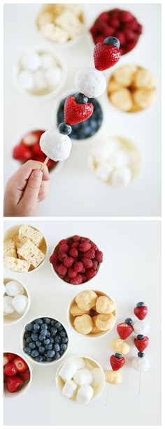 two pictures showing different foods in bowls and one with marshmallows on them