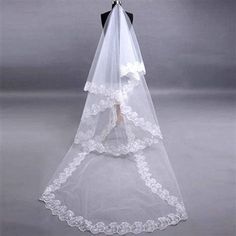 a wedding veil with lace on the bottom and an appliqued neckline