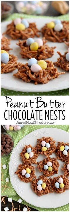 peanut butter chocolate nests on a plate with candy eggs in the middle and an image of