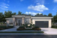 this is a computer rendering of a modern style house with palm trees and shrubs around it