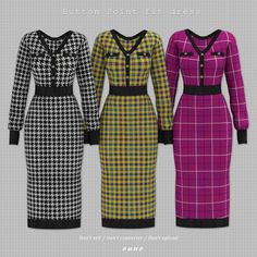 three dresses in different colors and patterns, one with black trimming on the neck