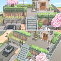 this is an image of a house with flowers on the roof and in the yard