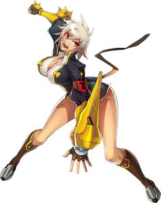 an anime character with white hair and black outfit, holding a yellow object in her hand