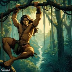 a painting of a man hanging from a tree branch in the middle of a jungle