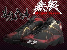 a pair of black and red sneakers with white writing on the bottom right hand side