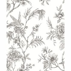 a white and brown floral wallpaper with leaves, flowers, and branches on it