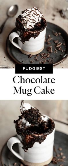 chocolate mug cake on a black plate with spoons and forks in the background text reads fudget chocolate mug cake