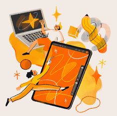 an illustration of a person laying on the ground with a laptop and other objects surrounding them