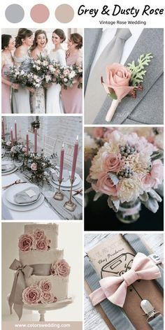 a collage of wedding photos with pink and gray flowers, candles, napkins