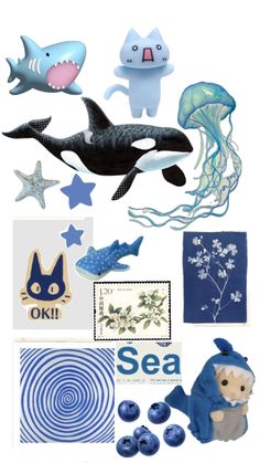 an assortment of sea animals and other items