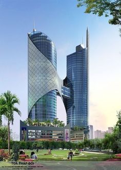 an artist's rendering of two modern skyscrapers in the middle of a park