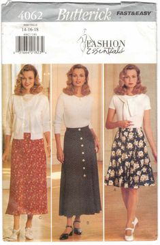 "Simplicity Sewing Pattern #4062 Vintage 1990s Flared A-Line Skirts in Knee, Midi or Ankle Length Misses Plus Sizes: 14, 16 & 18 This 90s sewing pattern is new, uncut and complete with original factory folds. It is an out of print pattern, copyright 1995. Classified as \"very easy\" to sew. Appropriate for everyday wear, church function, career, Easter or Special Occasion. The flared skirt, mid knee or above ankle length, has waistband, button up down front and side front and side back seams. The A-line, lined, bias skirt C, above ankle length, has elastic waist and side zipper. Body measurements for sizes included in this pattern are for sizes 14: bust 36\", waist 28\", hip 38\" and back waist length 16 1/2\"; 16: bust 38\", waist 30\", hip - 9\" below waist 40\" and back - neck to waist 90s Sewing Patterns, Paper Sewing Patterns, Easy To Sew, Simplicity Sewing, Simplicity Sewing Patterns, Extra Fabric, Flared Skirt, Flare Skirt, Easy Sewing