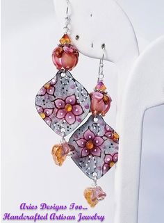 Handpainted Floral Bohemian Copper Charm Earrings in Pink, Topaz,black and Grey - Etsy Bohemian Multicolor Hand Painted Flower Earrings, Bohemian Hand Painted Dangle Flower Earrings, Bohemian Hand Painted Flower Earrings, Hand Painted Multicolor Dangle Flower Earrings, Bohemian Hand Painted Flower Jewelry, Artsy Hand Painted Flower Jewelry, Bead Stringing, Charm Earrings, Topaz