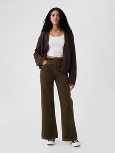 High Rise Corduroy Stride Wide-Leg Pants | Gap Casual Plaid Pants Outfit, Outfits With Corduroy Pants, Wide Leg Corduroy Pants Outfit, Jean Essentials, Black Corduroy Pants Outfit, Brown Wide Leg Pants Outfit, Brown Corduroy Pants Outfit, Brown Wide Leg Pants, Olive Green Pants Outfit