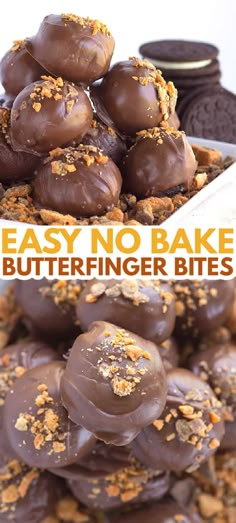 chocolate covered cookies stacked on top of each other with text overlay reading easy no bake butterfinger bites