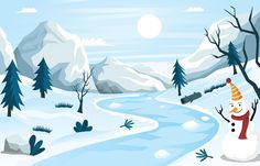 a snowman is standing in the middle of a snowy landscape with mountains and trees