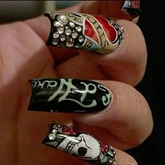 #nailideas #nails #nailinspo #nailart Pink And Black Corset Outfit, Mc Bling Nails, Mall Goth Nails, Scene Nails Emo, Emo Y2k Nails, Piercing Nails, Emo Nails