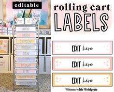 the rolling cart labels are labeled with different colors and sizes