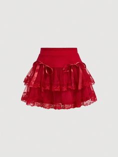 SHEIN MOD Ladies' Solid Color Mesh Skirt With Bowknot Decoration And Ruffle HemlineI discovered amazing products on SHEIN.com, come check them out! Red Ruffle Skirt, Red Lace Skirt, Skirt Inspiration, Future Outfit, Tumblr Fashion, Mesh Skirt, Red Skirts