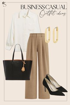 Business Casual Outfit Ideas For Women - Tan Trousers + White Blouse Business Casual Outfits Tan Pants, Tan Trousers Outfit, Beige Pants Outfit, Dress Code Policy, Cute Office Outfits, Tan Trousers, Easy Outfits, Office Wardrobe, Trousers White