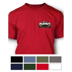 a red t - shirt with an image of a car on the front and side