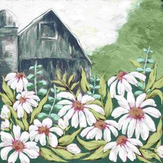 a painting of daisies in front of a barn