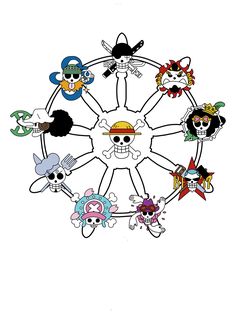 the cartoon characters are arranged in a circle on a white background with black and white lines