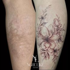 a woman's legs with flowers on it and the bottom half of her leg