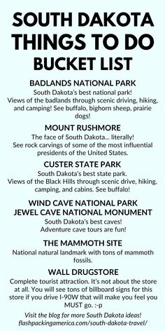 the south dakota things to do bucket list is shown in black on a white background