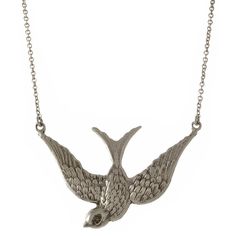 The Large Swallow Necklace is a perennial favorite and one of the foundations of the collection. A golden swallow in the sun, a symbol of a safe return home. Delicate and detailed and perfect for everyday wear. Romantically styled and Victorian-inspired, the incredible detailing, pleasing heft and perfect balance make it a truly signature piece. Pendant is approximately 1" length Fashioned on 18" chain with a secure lobster clasp Handcrafted in sterling silver, 14k vermeil, and 14k gold with 1mm Elegant Sterling Silver Necklace With Bird Design, Elegant Silver Necklace With Bird Shape, Antique Mens Jewelry, Swallow Necklace, Diamond Eyes, Engagement Ring Wedding Band, Accessories Bracelets, Antique Rings, Birthstone Jewelry