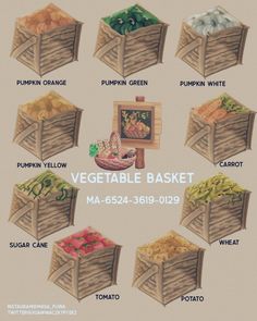 a poster with different types of vegetables in it's wooden boxes and instructions on how to use them