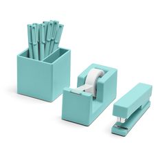 a set of three blue office supplies including a tissue dispenser and pen holder