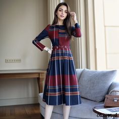 Olivia Mark - Stylish Waist-cinching Plaid Shirt Dress - Long Maxi Dress in Pure Cotton Casual Long Sleeve Burgundy Dress, Casual Burgundy Midi Dress For Fall, Casual Red Midi Dress For Fall, Red Casual Midi Dress For Fall, Casual Burgundy Midi Dress, Plaid Shirt Dress, Basic Skirt, Cotton Shirt Dress, Plaid Dress Shirt