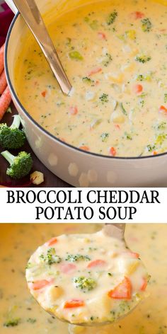 broccoli cheddar potato soup in a white bowl with a ladle