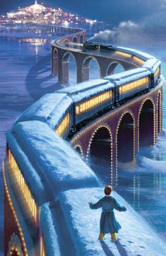 a train traveling over a bridge covered in snow next to a person standing on top of it