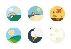 six circular icons with different types of clouds and trees in them, all showing the same weather