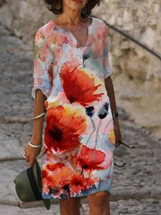 Women's Casual Dress Shift Dress Print Dress Floral Print V Neck Mini Dress Active Fashion Outdoor Daily Half Sleeve Regular Fit White Pink Wine Fall Spring S M L Xl Xxl Floral Print V-neck Shift Midi Dress, Red Shift V-neck Dress, Red Shift Dress With V-neck, Red Shift Dress For Beach, V Neck Mini Dress, Pink Wine, 2023 Trends, Trends 2023, Spring Fabric