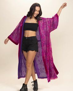 Women's Festival Kimono - Hooded Add a touch of sparkle to your outfit with our hooded festival kimono for women featuring metallic lace in pink butterfly & beautiful pink velvet trim. Perfect for both casual nights out and high-energy festival scenes, this high-quality piece is made to dazzle and make you the center of attention. Butterfly Characteristics INTUITION • TRANSFORMATION • PLAYFULNESSDo you have the spirit of the Rose Butterfly? If you do, you embody a unique blend of intuition and t Pink Festival Outerwear, Festival Kimono With Long Sleeves, Festive Winter Kimono, Faux Leggings, Festival Kimono, Butterfly Beautiful, Rose Butterfly, Embracing Change, Lace Kimono